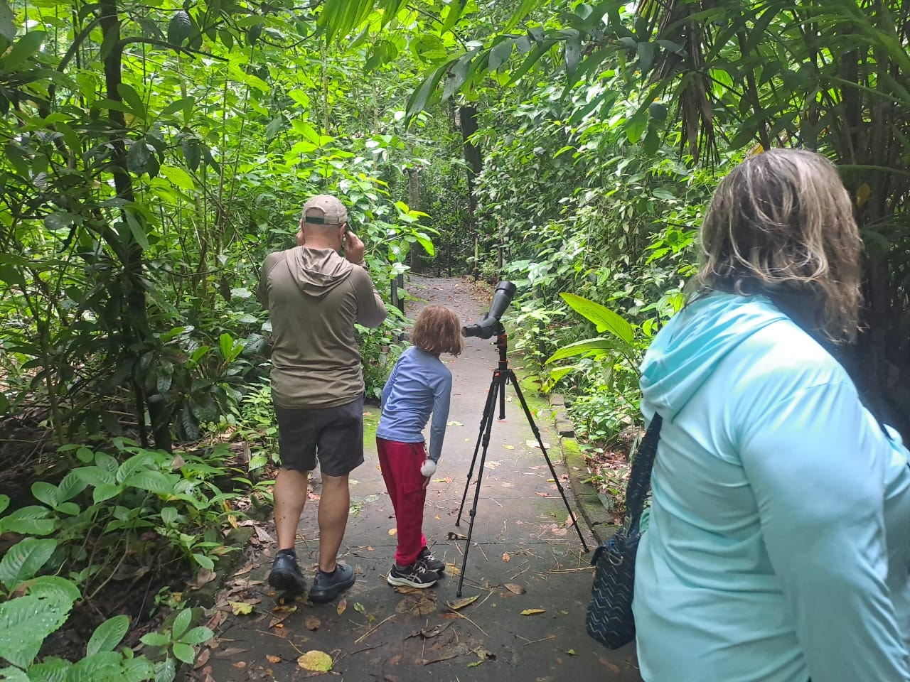 Family birdwatching with telescope on a jungle trail in Costa Rica